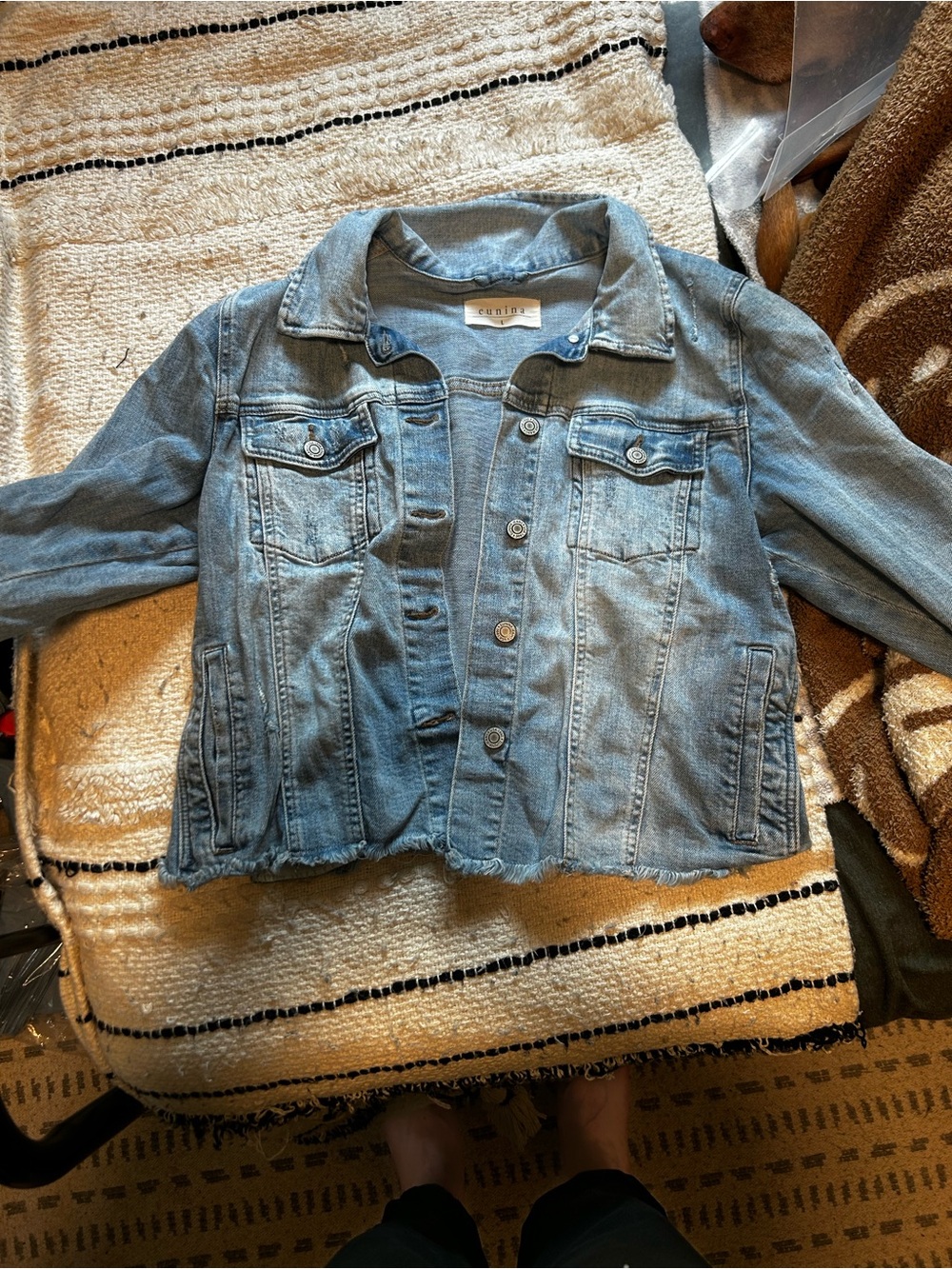 Dry Goods Light Blue Denim Jacket with Frayed Hem
